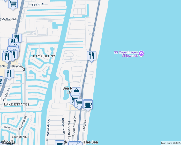 map of restaurants, bars, coffee shops, grocery stores, and more near 5450 North Ocean Boulevard in Lauderdale-by-the-Sea