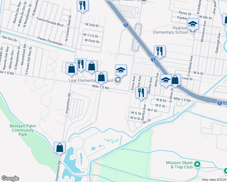 map of restaurants, bars, coffee shops, grocery stores, and more near 318 South Los Ebanos Road in Mission