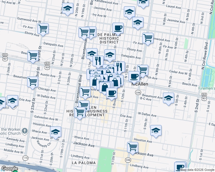 map of restaurants, bars, coffee shops, grocery stores, and more near 104 South Main Street in McAllen