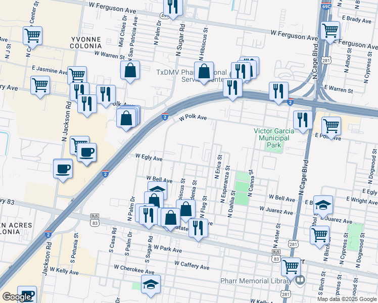 map of restaurants, bars, coffee shops, grocery stores, and more near 800 West Egly Avenue in Pharr