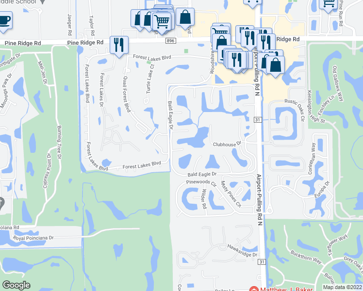 map of restaurants, bars, coffee shops, grocery stores, and more near 770 Bald Eagle Drive in Naples