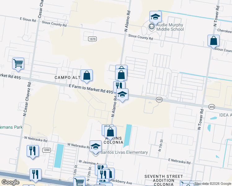 map of restaurants, bars, coffee shops, grocery stores, and more near 1499 State Highway 495 in Alamo