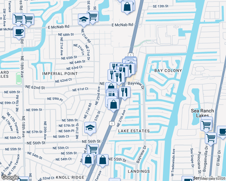 map of restaurants, bars, coffee shops, grocery stores, and more near 2271 Northeast 61st Court in Fort Lauderdale