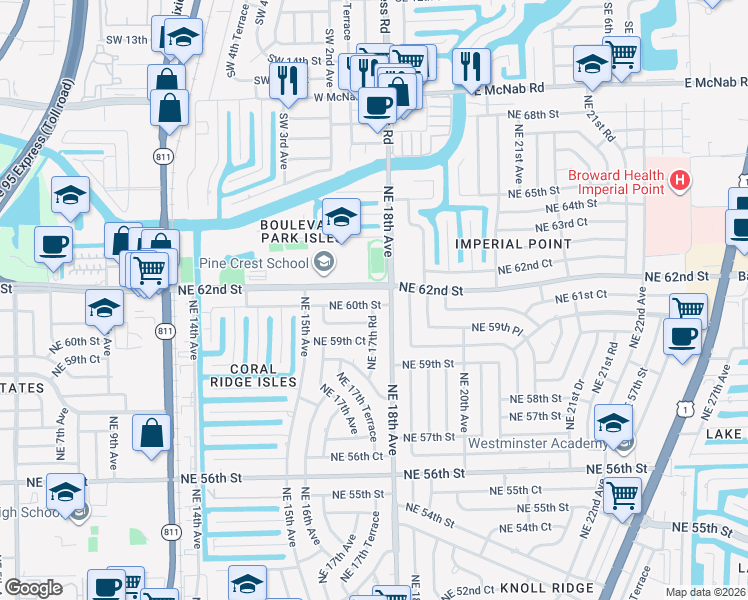 map of restaurants, bars, coffee shops, grocery stores, and more near 1700 Northeast 62nd Street in Fort Lauderdale
