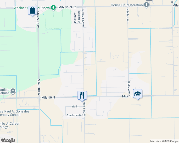 map of restaurants, bars, coffee shops, grocery stores, and more near 4518 Mile 4 1/2 West Road in Weslaco