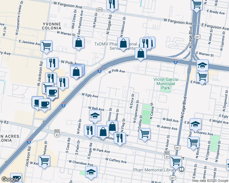 map of restaurants, bars, coffee shops, grocery stores, and more near 800 West Egly Avenue in Pharr