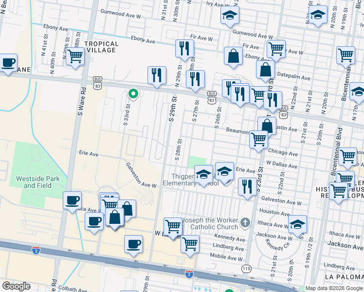 map of restaurants, bars, coffee shops, grocery stores, and more near 309 South 28th Street in McAllen