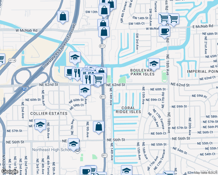 map of restaurants, bars, coffee shops, grocery stores, and more near 6131 Northeast 14th Avenue in Fort Lauderdale