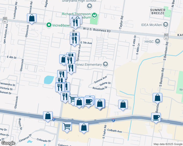 map of restaurants, bars, coffee shops, grocery stores, and more near 305 North Mockingbird Avenue in Mission
