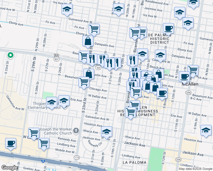 map of restaurants, bars, coffee shops, grocery stores, and more near 2109 Beaumont Avenue in McAllen