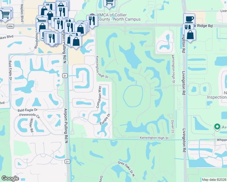 map of restaurants, bars, coffee shops, grocery stores, and more near 4850 Europa Drive in Naples
