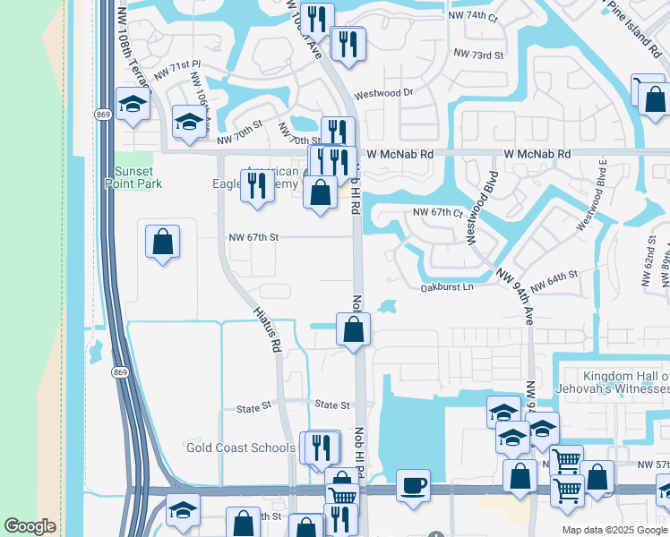 map of restaurants, bars, coffee shops, grocery stores, and more near 6501 Nob Hill Road in Fort Lauderdale