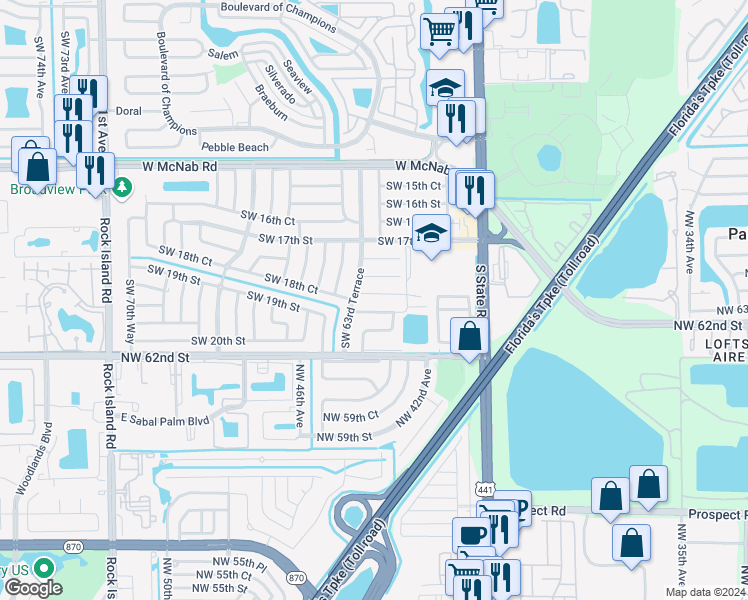 map of restaurants, bars, coffee shops, grocery stores, and more near 6260 Southwest 18th Place in Pompano Beach