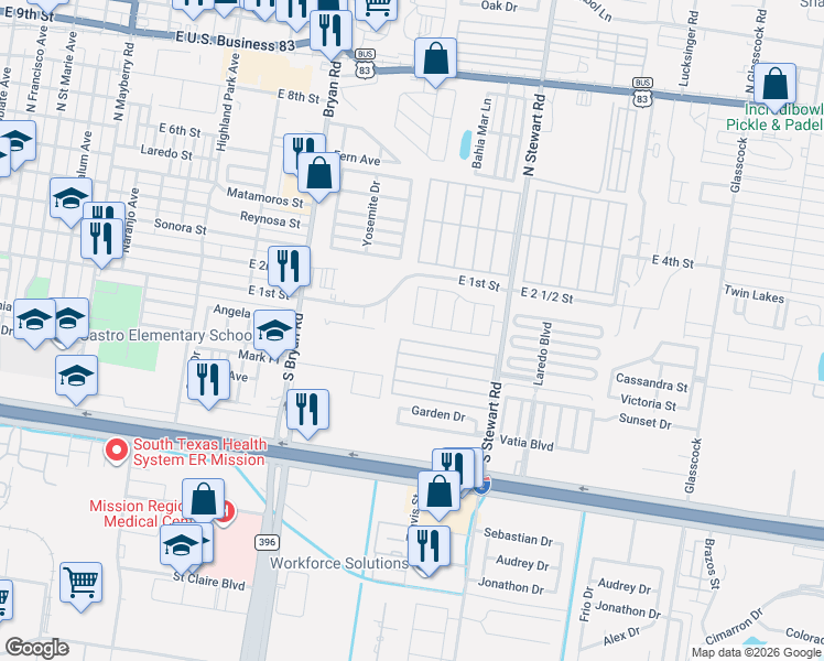 map of restaurants, bars, coffee shops, grocery stores, and more near 1402 East 1st Street in Mission