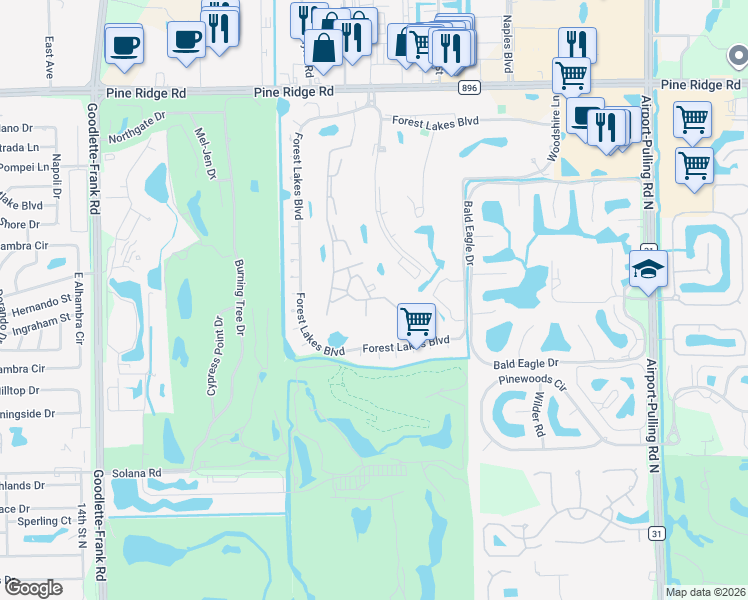 map of restaurants, bars, coffee shops, grocery stores, and more near 1057 Forest Lakes Drive in Naples