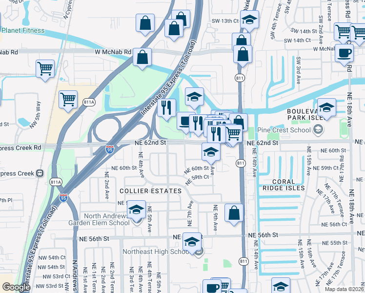 map of restaurants, bars, coffee shops, grocery stores, and more near 701 Northeast 62nd Street in Fort Lauderdale