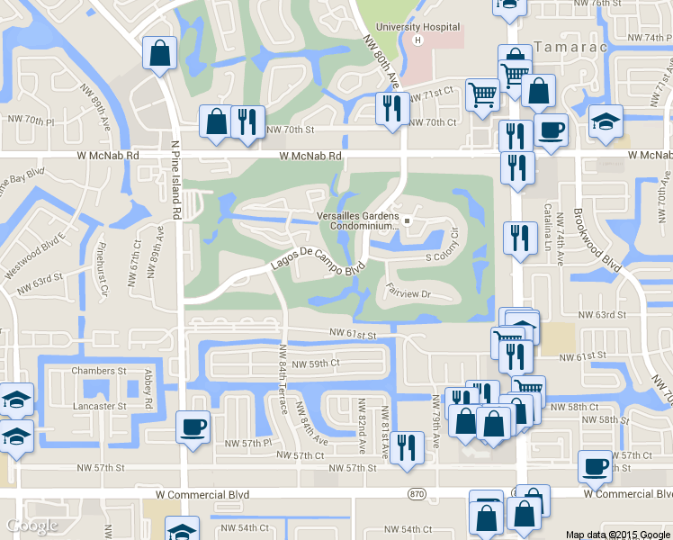 map of restaurants, bars, coffee shops, grocery stores, and more near 8332 Lagos De Campo Boulevard in Tamarac