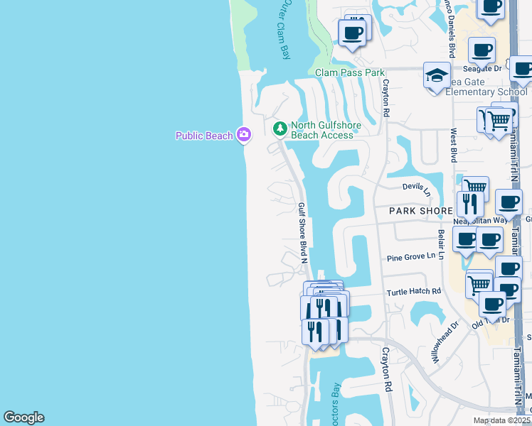 map of restaurants, bars, coffee shops, grocery stores, and more near 4601 Gulf Shore Boulevard North in Naples