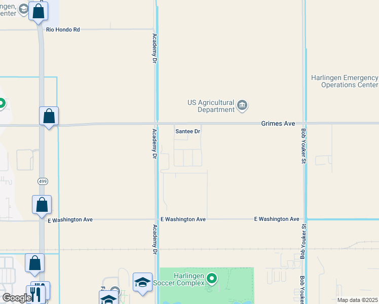 map of restaurants, bars, coffee shops, grocery stores, and more near 3905 East Grimes Street in Harlingen