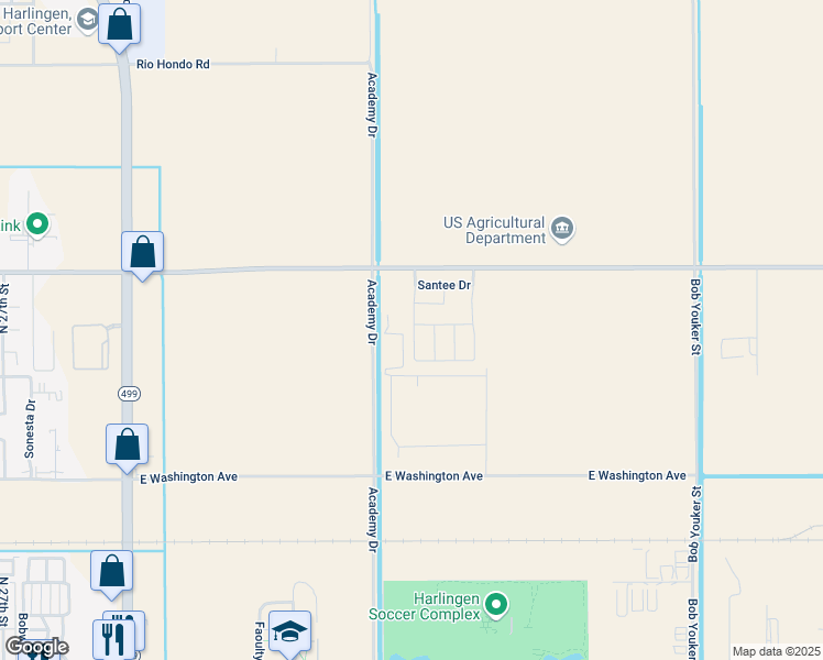 map of restaurants, bars, coffee shops, grocery stores, and more near 4306 Santee in Harlingen