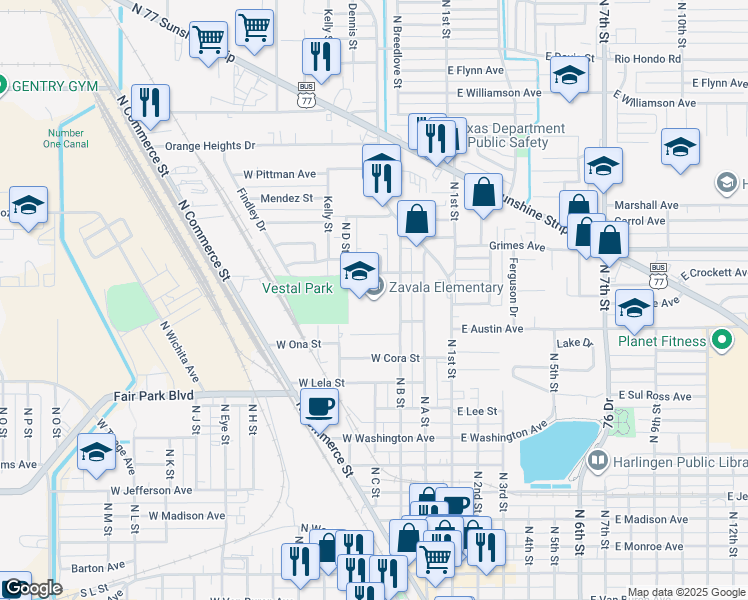 map of restaurants, bars, coffee shops, grocery stores, and more near 1111 North B Street in Harlingen