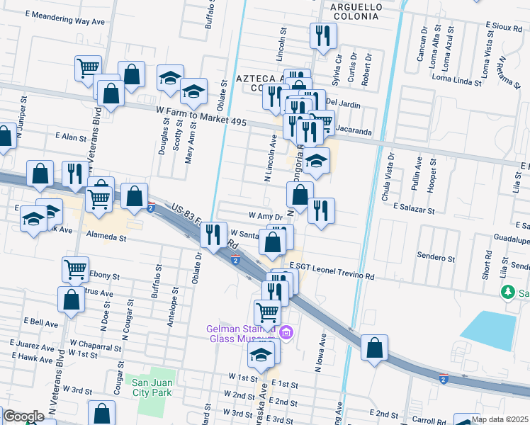 map of restaurants, bars, coffee shops, grocery stores, and more near 108 West Amy Drive in San Juan