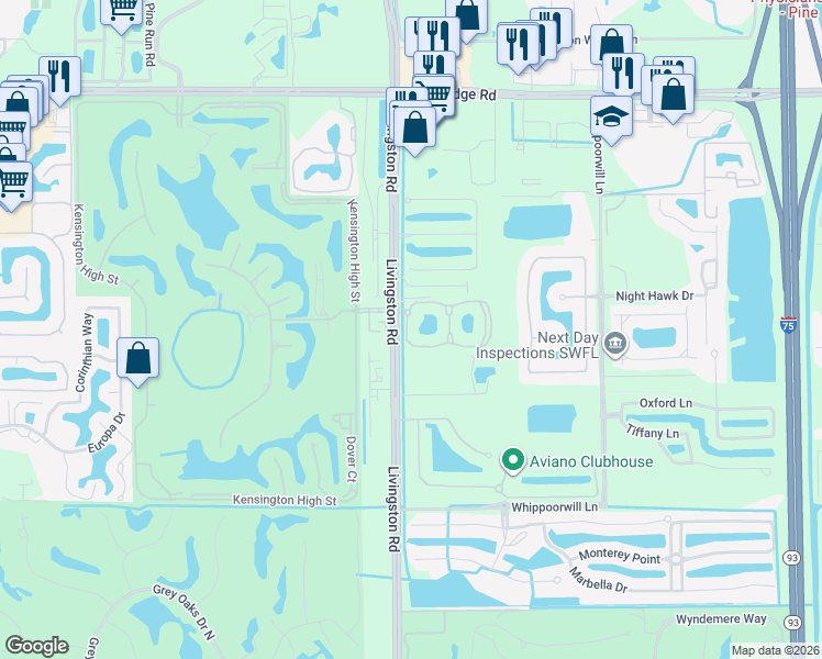 map of restaurants, bars, coffee shops, grocery stores, and more near 2780 Eatonwood Lane in Naples