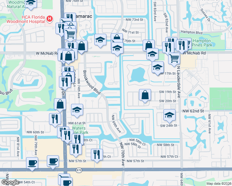 map of restaurants, bars, coffee shops, grocery stores, and more near 7007 Northwest 64th Street in Tamarac