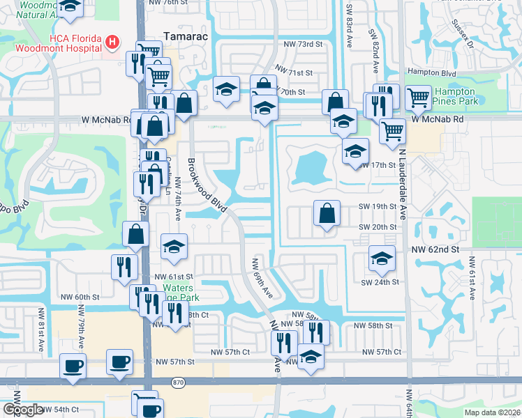 map of restaurants, bars, coffee shops, grocery stores, and more near 7007 Northwest 64th Street in Tamarac