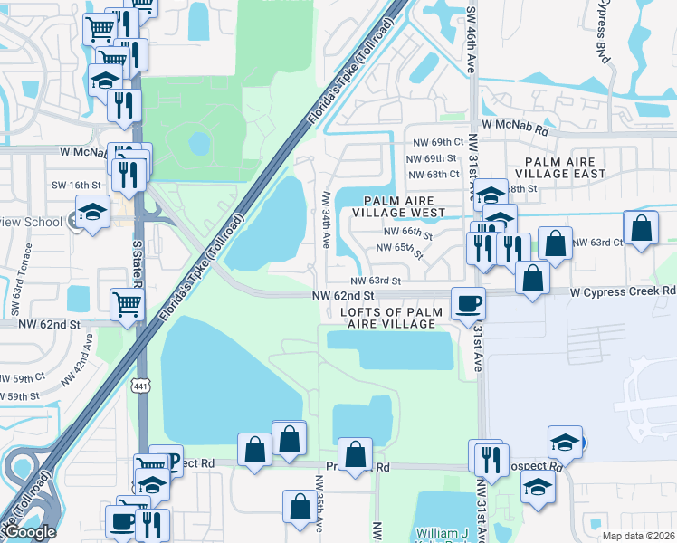 map of restaurants, bars, coffee shops, grocery stores, and more near 3380 Northwest 64th Street in Fort Lauderdale