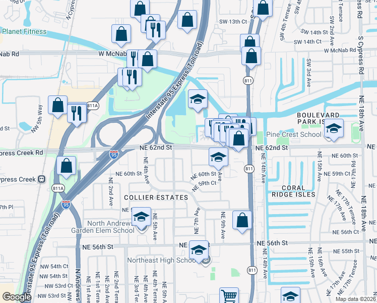 map of restaurants, bars, coffee shops, grocery stores, and more near 701 Northeast 62nd Street in Fort Lauderdale