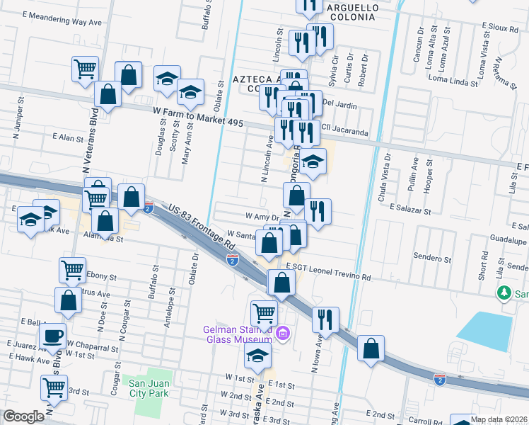 map of restaurants, bars, coffee shops, grocery stores, and more near 108 West Amy Drive in San Juan
