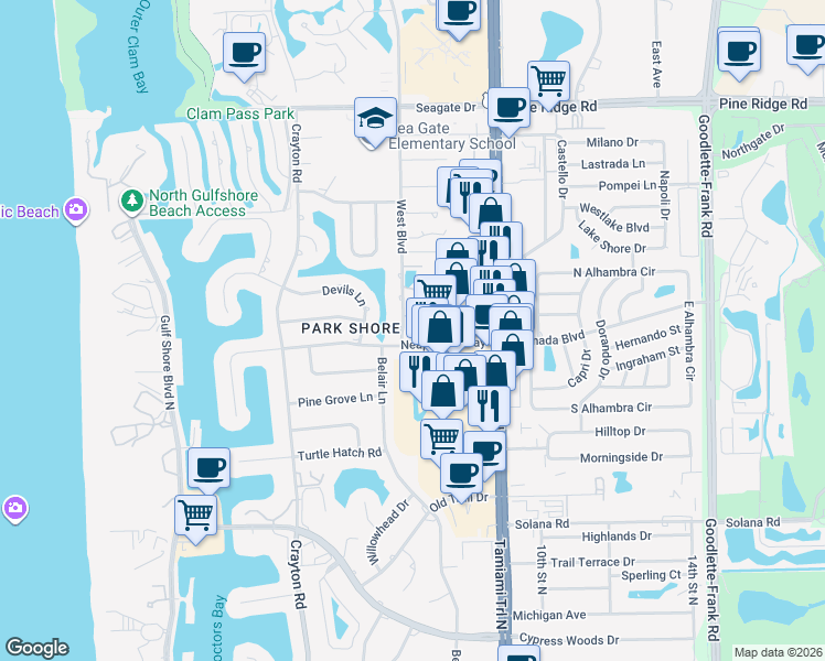 map of restaurants, bars, coffee shops, grocery stores, and more near 4651 West Boulevard in Naples