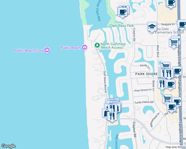 map of restaurants, bars, coffee shops, grocery stores, and more near 4601 Gulf Shore Boulevard North in Naples