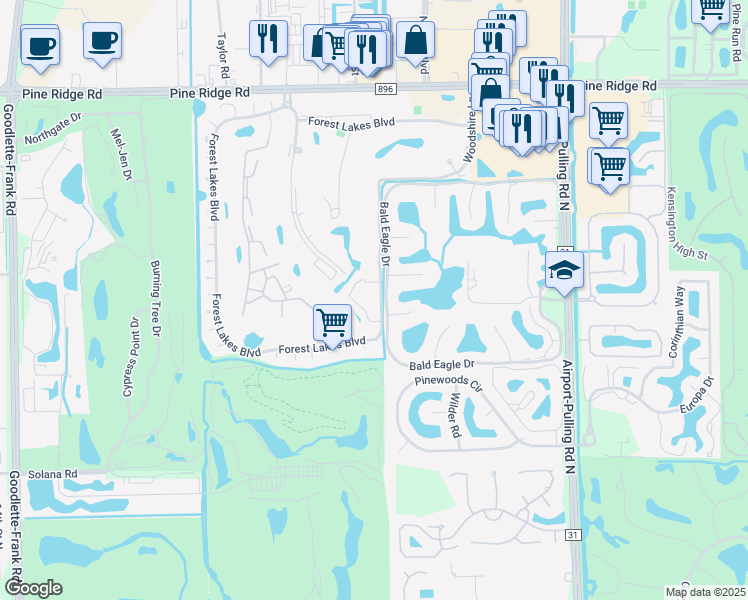 map of restaurants, bars, coffee shops, grocery stores, and more near 1044 Woodshire Lane in Naples
