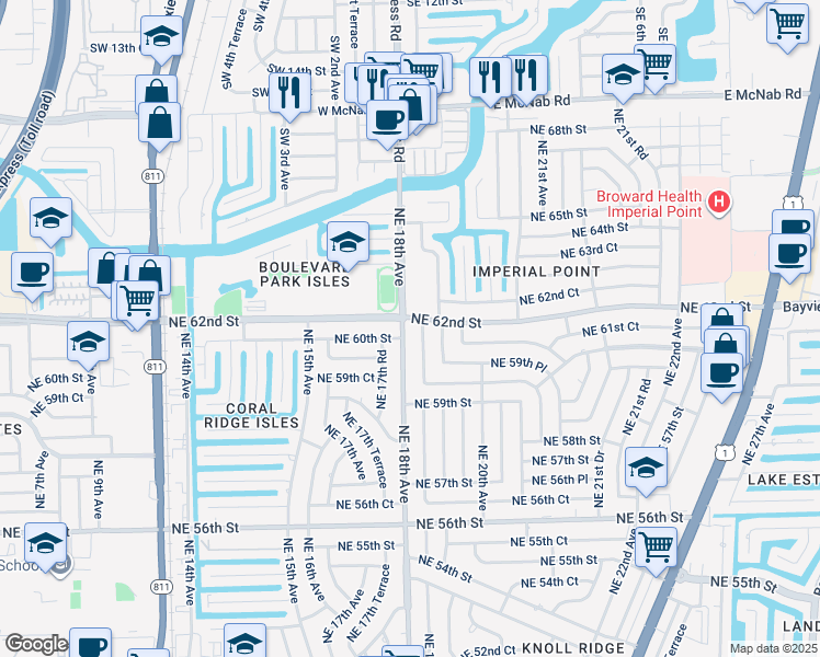 map of restaurants, bars, coffee shops, grocery stores, and more near 6021 Northeast 18th Terrace in Fort Lauderdale