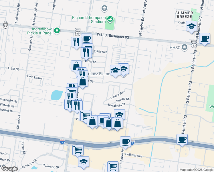 map of restaurants, bars, coffee shops, grocery stores, and more near 307 Mockingbird Avenue in Mission