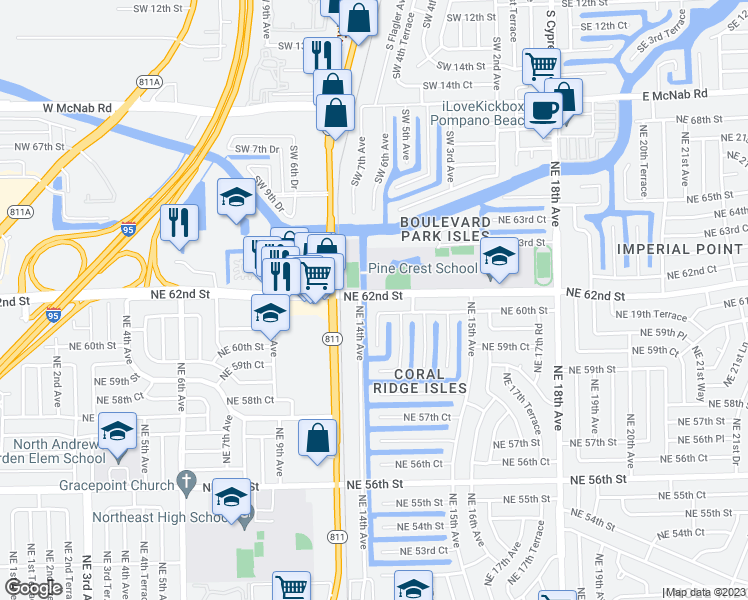 map of restaurants, bars, coffee shops, grocery stores, and more near 1400 Northeast 62nd Street in Fort Lauderdale