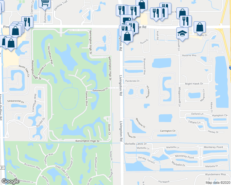 map of restaurants, bars, coffee shops, grocery stores, and more near 2780 Eatonwood Lane in Naples