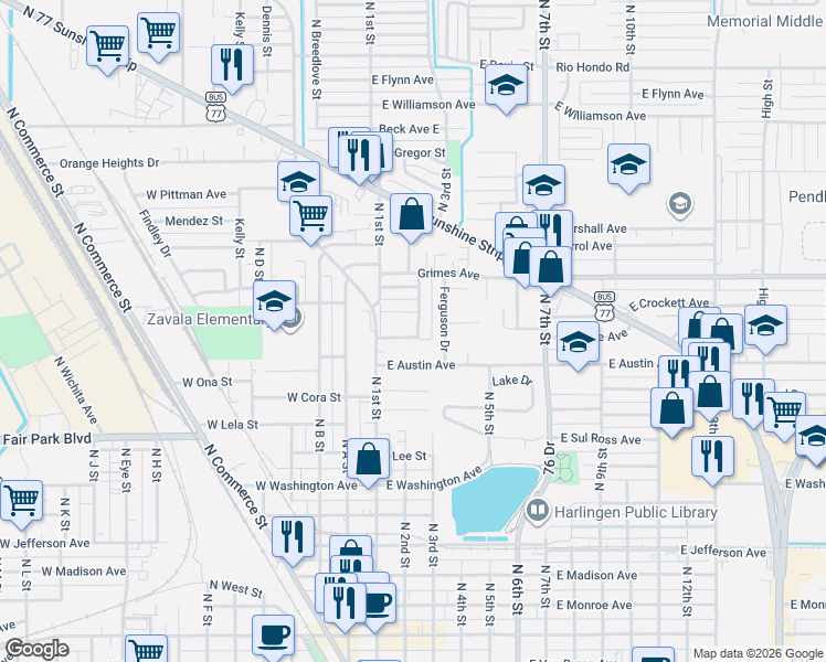 map of restaurants, bars, coffee shops, grocery stores, and more near 1110 Arcadia Dr in Harlingen