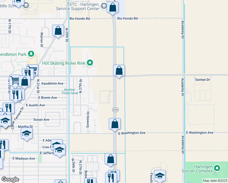 map of restaurants, bars, coffee shops, grocery stores, and more near 499 North Ed Carey Drive in Harlingen