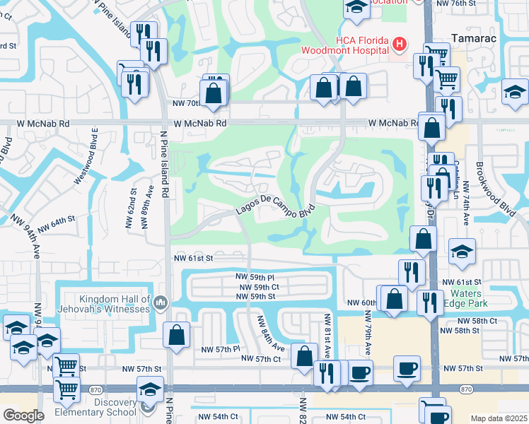 map of restaurants, bars, coffee shops, grocery stores, and more near 8400 Lagos De Campo Boulevard in Tamarac