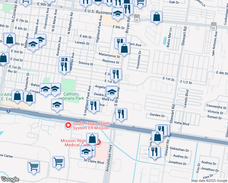 map of restaurants, bars, coffee shops, grocery stores, and more near 104 Bryan Road in Mission
