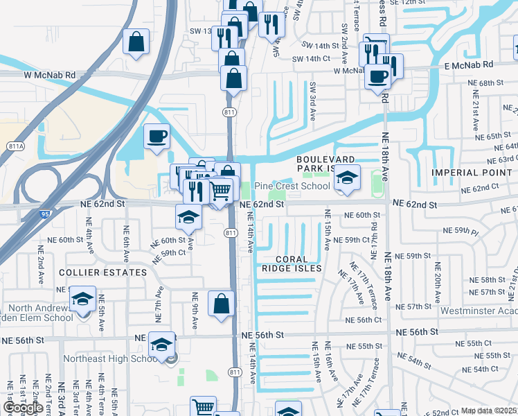 map of restaurants, bars, coffee shops, grocery stores, and more near 1400 Northeast 62nd Street in Fort Lauderdale