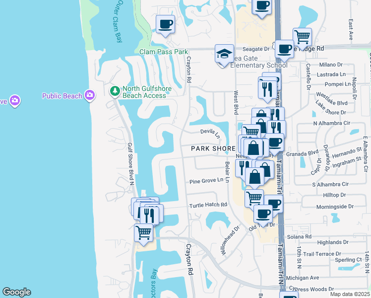 map of restaurants, bars, coffee shops, grocery stores, and more near 504 Parkwood Lane in Naples