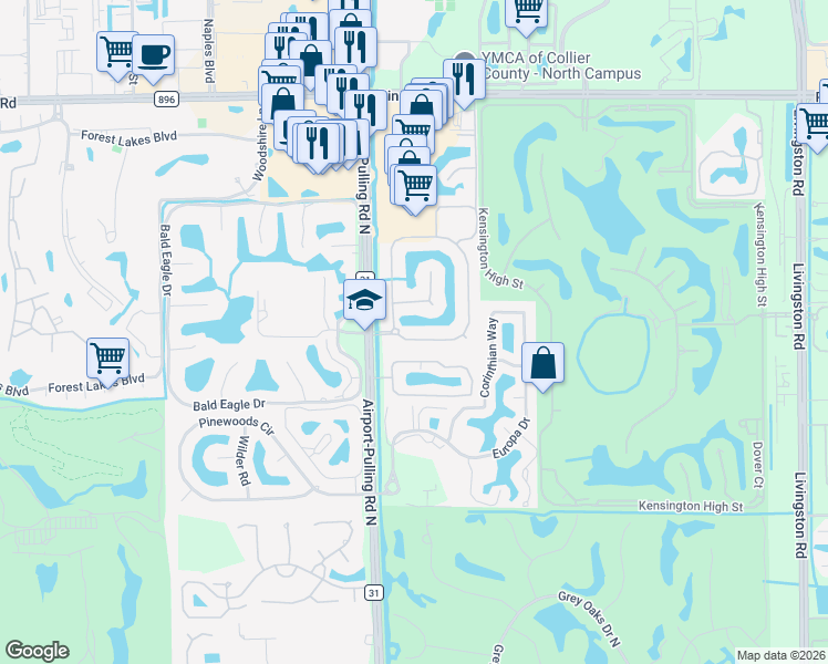 map of restaurants, bars, coffee shops, grocery stores, and more near 4895 Rustic Oaks Circle in Naples
