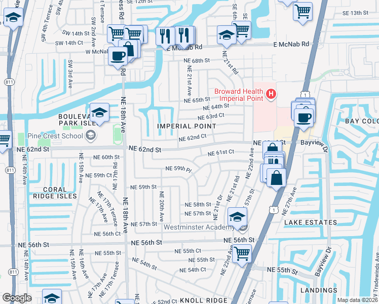 map of restaurants, bars, coffee shops, grocery stores, and more near 2100 Northeast 62nd Street in Fort Lauderdale