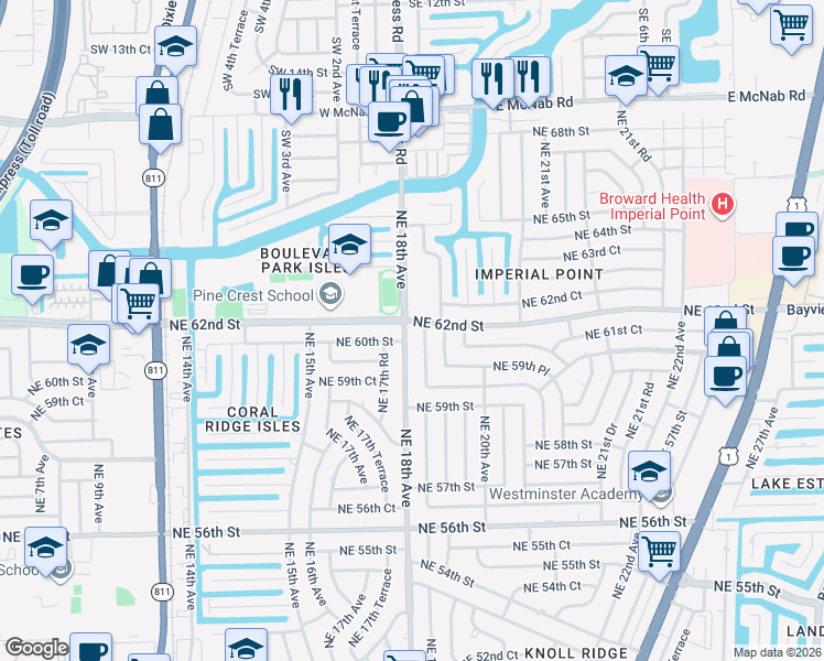 map of restaurants, bars, coffee shops, grocery stores, and more near 6021 Northeast 18th Terrace in Fort Lauderdale
