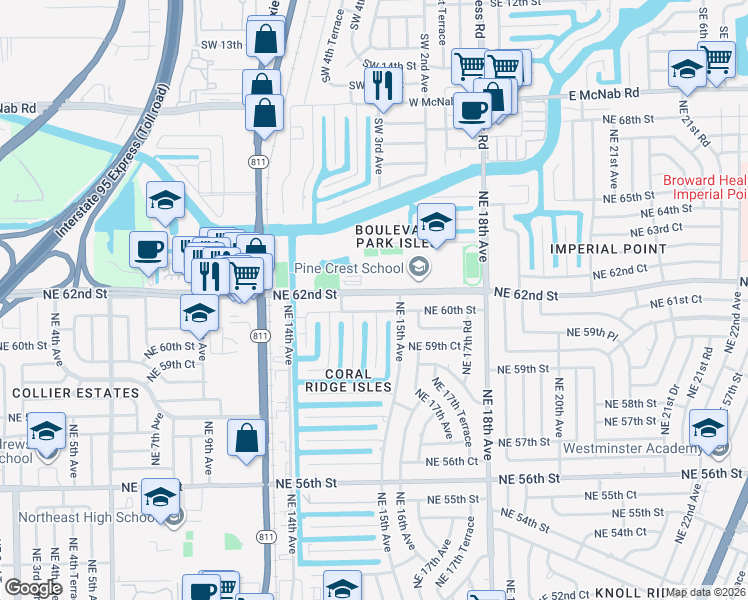 map of restaurants, bars, coffee shops, grocery stores, and more near 1454 Northeast 62nd Street in Fort Lauderdale