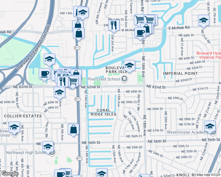 map of restaurants, bars, coffee shops, grocery stores, and more near 1454 Northeast 62nd Street in Fort Lauderdale